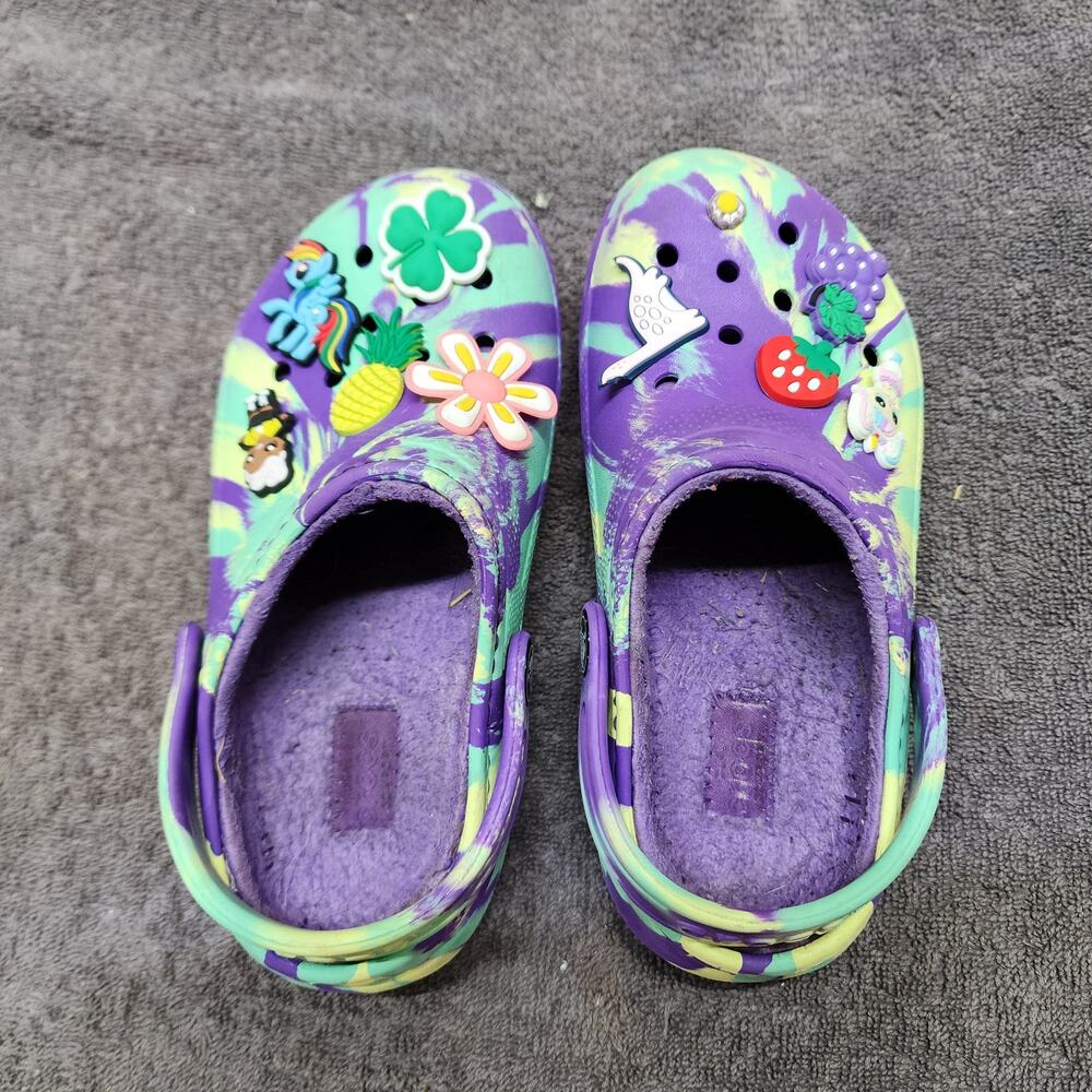 Children's Rainbow Crocs purple Fleece lined sandals shoes b51